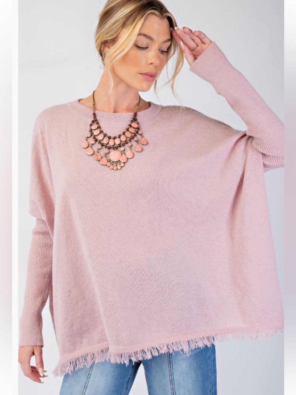easel Dusty Pink Fringe-Hem Crewneck Sweater